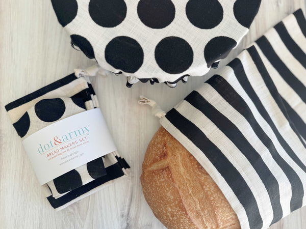 Black Dot and Stripe Bread Makers Set- bread bag and cover