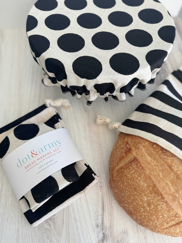 Black Dot and Stripe Bread Makers Set- bread bag and cover