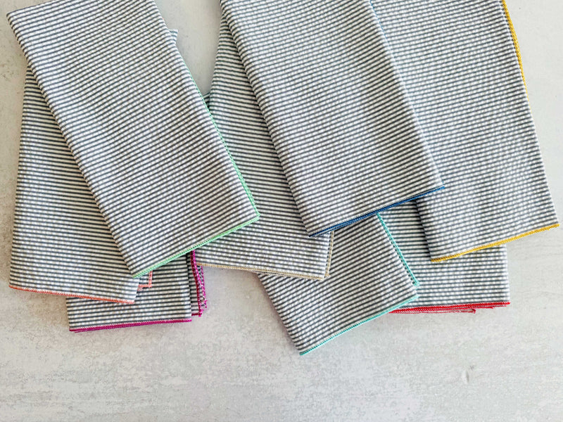 Charcoal Grey Seersucker Napkins with Color Edging, set of 8