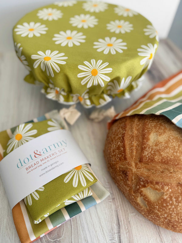 Daisy and Stripe Bread Makers Set- bread bag and cover