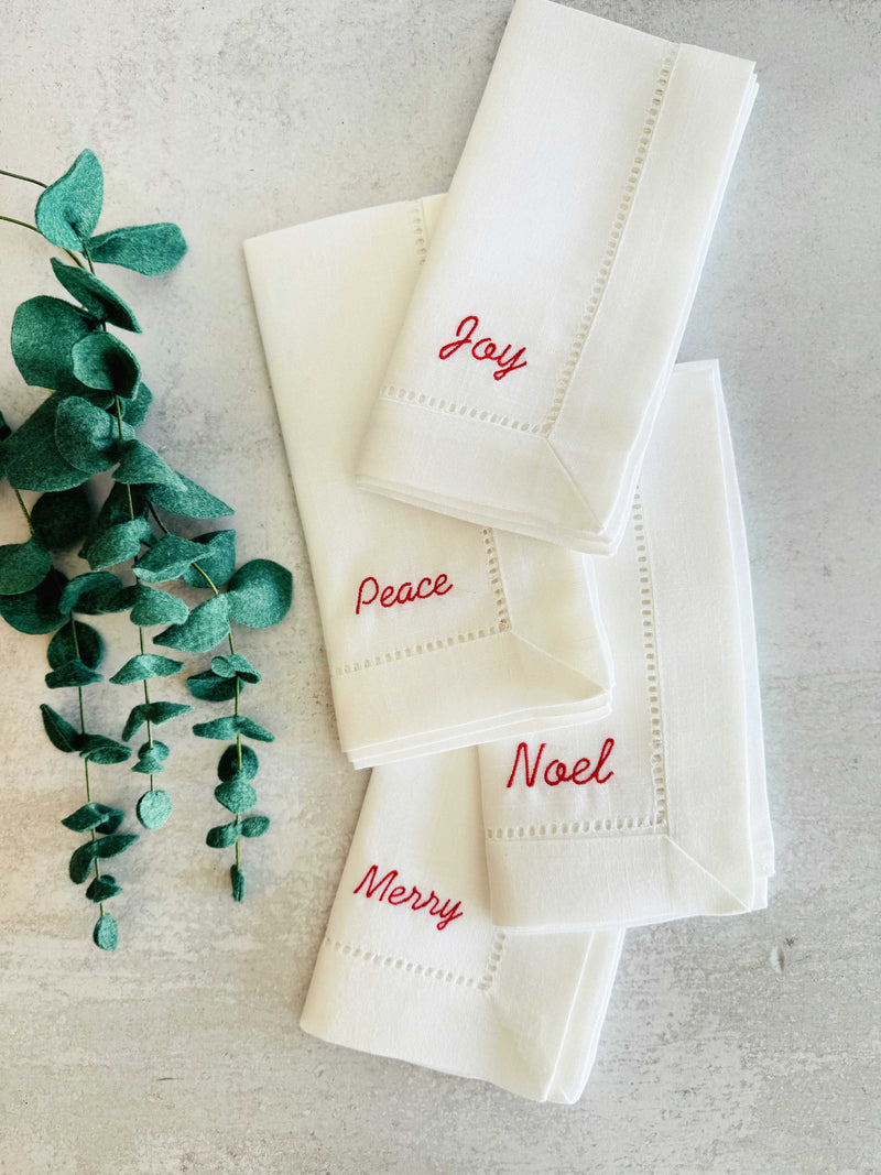 Festive Words Hemstitch Cloth Napkins, set of four